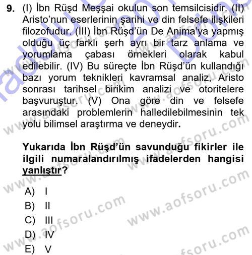 İslam Düşünce Tarihi Dersi 2015 - 2016 Yılı (Final) Dönem Sonu Sınav Soruları 9. Soru
