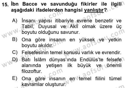 İslam Düşünce Tarihi Dersi 2015 - 2016 Yılı Tek Ders Sınav Soruları 15. Soru