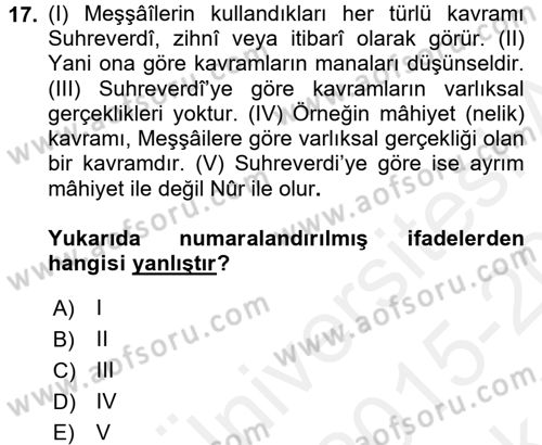 İslam Düşünce Tarihi Dersi 2015 - 2016 Yılı Tek Ders Sınav Soruları 17. Soru