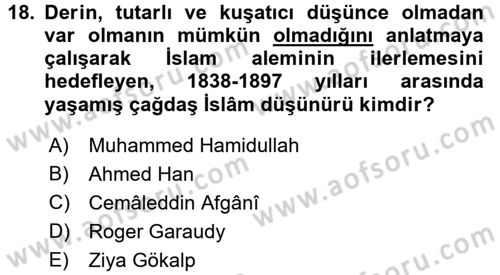 İslam Düşünce Tarihi Dersi 2015 - 2016 Yılı Tek Ders Sınav Soruları 18. Soru