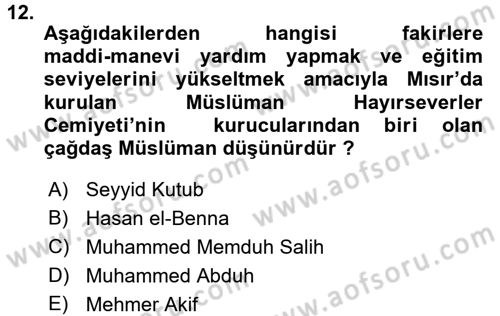 İslam Düşünce Tarihi Dersi 2016 - 2017 Yılı 3 Ders Sınav Soruları 12. Soru