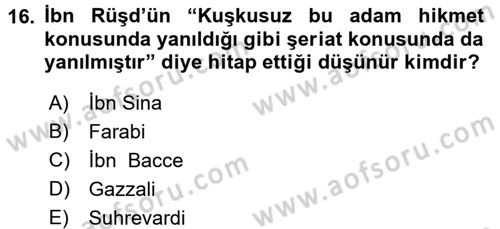 İslam Düşünce Tarihi Dersi 2016 - 2017 Yılı 3 Ders Sınav Soruları 16. Soru