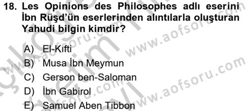 İslam Düşünce Tarihi Dersi 2016 - 2017 Yılı 3 Ders Sınav Soruları 18. Soru