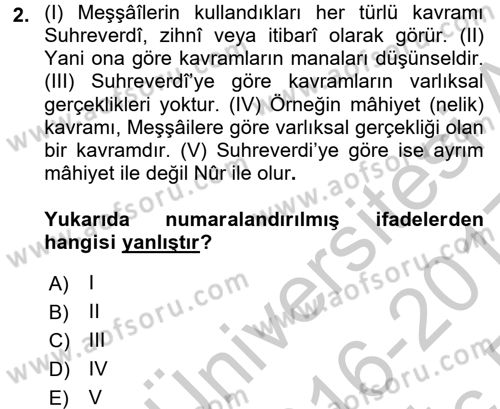 İslam Düşünce Tarihi Dersi 2016 - 2017 Yılı 3 Ders Sınav Soruları 2. Soru