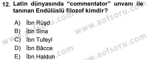 İslam Düşünce Tarihi Dersi 2016 - 2017 Yılı (Vize) Ara Sınav Soruları 12. Soru