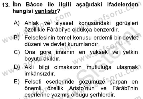 İslam Düşünce Tarihi Dersi 2016 - 2017 Yılı (Vize) Ara Sınav Soruları 13. Soru