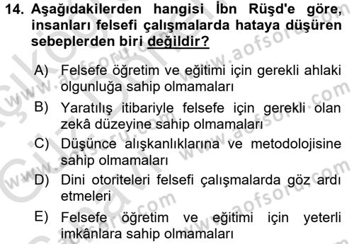 İslam Düşünce Tarihi Dersi 2016 - 2017 Yılı (Vize) Ara Sınav Soruları 14. Soru