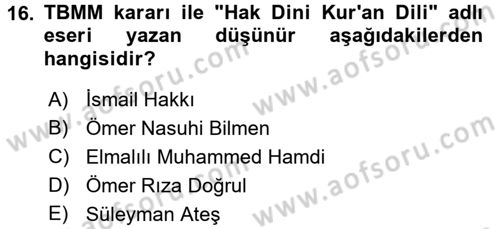 İslam Düşünce Tarihi Dersi 2016 - 2017 Yılı (Vize) Ara Sınav Soruları 16. Soru