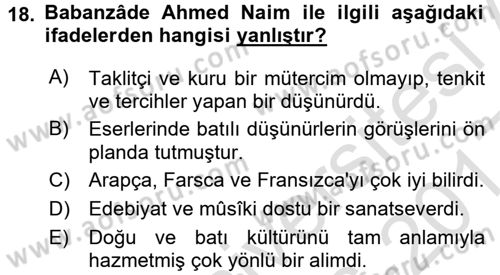 İslam Düşünce Tarihi Dersi 2016 - 2017 Yılı (Vize) Ara Sınav Soruları 18. Soru
