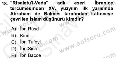 İslam Düşünce Tarihi Dersi 2016 - 2017 Yılı (Final) Dönem Sonu Sınavı 18. Soru