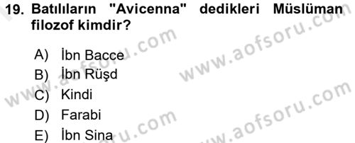 İslam Düşünce Tarihi Dersi 2016 - 2017 Yılı (Final) Dönem Sonu Sınavı 19. Soru