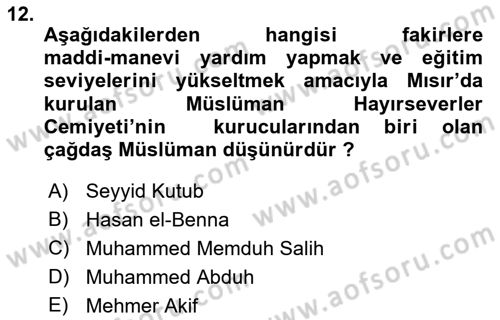 İslam Düşünce Tarihi Dersi 2016 - 2017 Yılı Tek Ders Sınav Soruları 12. Soru