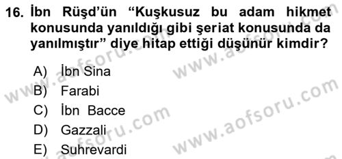 İslam Düşünce Tarihi Dersi 2016 - 2017 Yılı Tek Ders Sınav Soruları 16. Soru