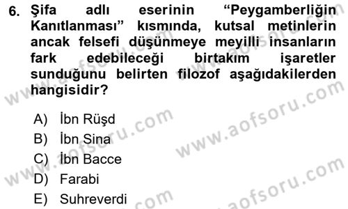 İslam Düşünce Tarihi Dersi 2016 - 2017 Yılı Tek Ders Sınav Soruları 6. Soru