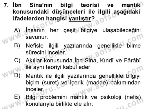 İslam Düşünce Tarihi Dersi 2016 - 2017 Yılı Tek Ders Sınav Soruları 7. Soru