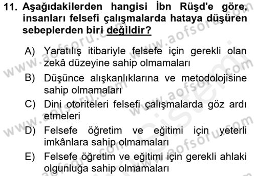 İslam Düşünce Tarihi Dersi 2017 - 2018 Yılı 3 Ders Sınav Soruları 11. Soru