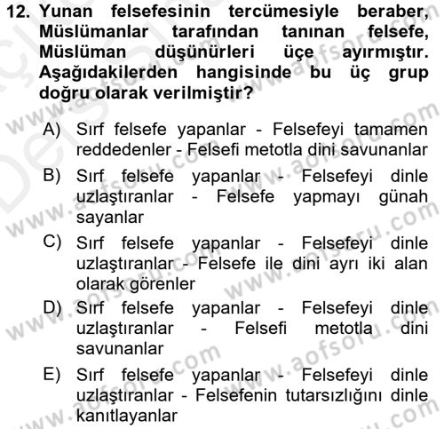 İslam Düşünce Tarihi Dersi 2017 - 2018 Yılı 3 Ders Sınav Soruları 12. Soru