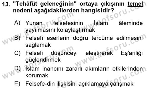 İslam Düşünce Tarihi Dersi 2017 - 2018 Yılı 3 Ders Sınav Soruları 13. Soru