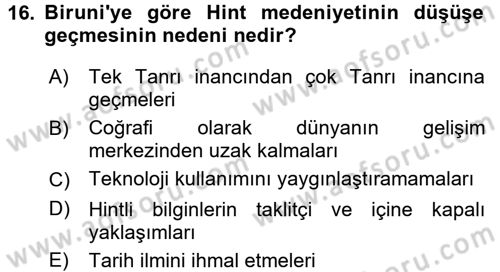 İslam Düşünce Tarihi Dersi 2017 - 2018 Yılı 3 Ders Sınav Soruları 16. Soru