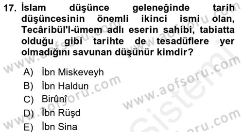 İslam Düşünce Tarihi Dersi 2017 - 2018 Yılı 3 Ders Sınav Soruları 17. Soru