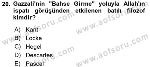 İslam Düşünce Tarihi Dersi 2017 - 2018 Yılı 3 Ders Sınav Soruları 20. Soru