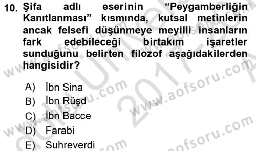 İslam Düşünce Tarihi Dersi Ara Sınavı Deneme Sınav Soruları 10. Soru