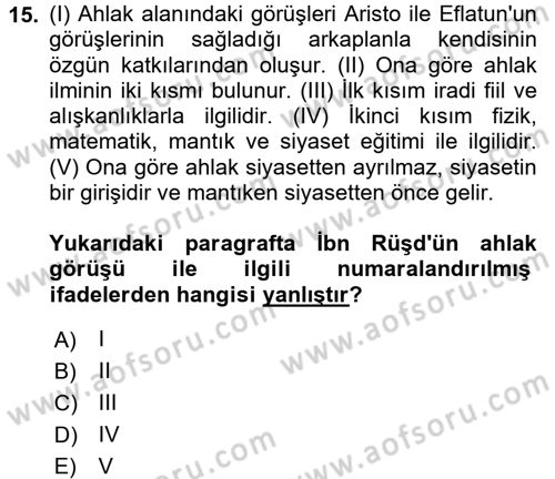 İslam Düşünce Tarihi Dersi 2017 - 2018 Yılı (Vize) Ara Sınav Soruları 15. Soru