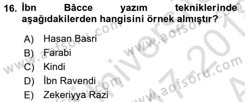 İslam Düşünce Tarihi Dersi 2017 - 2018 Yılı (Vize) Ara Sınav Soruları 16. Soru