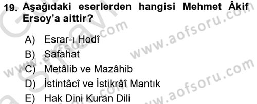 İslam Düşünce Tarihi Dersi Ara Sınavı Deneme Sınav Soruları 19. Soru