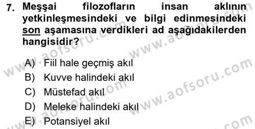 İslam Düşünce Tarihi Dersi Ara Sınavı Deneme Sınav Soruları 7. Soru