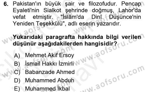 İslam Düşünce Tarihi Dersi 2017 - 2018 Yılı (Final) Dönem Sonu Sınav Soruları 6. Soru