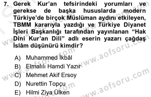 İslam Düşünce Tarihi Dersi 2017 - 2018 Yılı (Final) Dönem Sonu Sınav Soruları 7. Soru