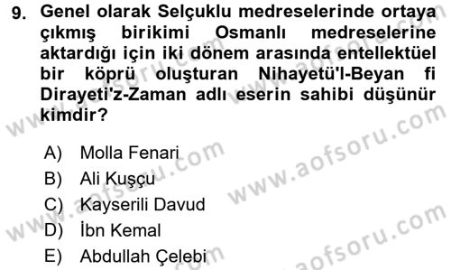 İslam Düşünce Tarihi Dersi 2017 - 2018 Yılı (Final) Dönem Sonu Sınav Soruları 9. Soru