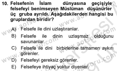 İslam Düşünce Tarihi Dersi 2018 - 2019 Yılı 3 Ders Sınav Soruları 10. Soru