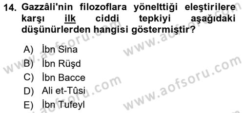 İslam Düşünce Tarihi Dersi 2018 - 2019 Yılı 3 Ders Sınav Soruları 14. Soru