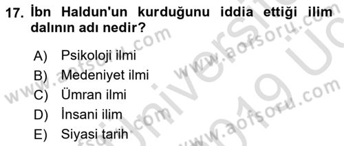 İslam Düşünce Tarihi Dersi 2018 - 2019 Yılı 3 Ders Sınav Soruları 17. Soru