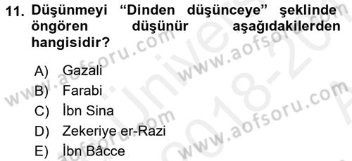 İslam Düşünce Tarihi Dersi Ara Sınavı Deneme Sınav Soruları 11. Soru