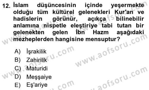 İslam Düşünce Tarihi Dersi Ara Sınavı Deneme Sınav Soruları 12. Soru