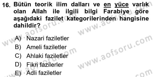 İslam Düşünce Tarihi Dersi 2018 - 2019 Yılı (Vize) Ara Sınav Soruları 16. Soru