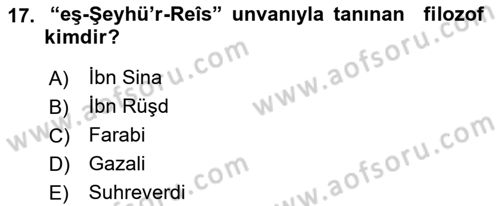 İslam Düşünce Tarihi Dersi 2018 - 2019 Yılı (Vize) Ara Sınav Soruları 17. Soru