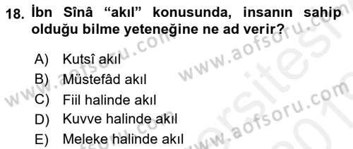 İslam Düşünce Tarihi Dersi 2018 - 2019 Yılı (Vize) Ara Sınav Soruları 18. Soru
