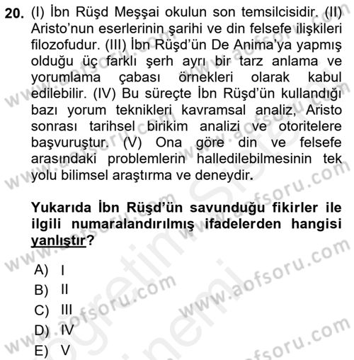 İslam Düşünce Tarihi Dersi 2018 - 2019 Yılı (Vize) Ara Sınav Soruları 20. Soru