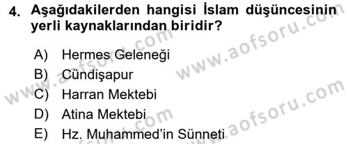 İslam Düşünce Tarihi Dersi 2018 - 2019 Yılı (Vize) Ara Sınav Soruları 4. Soru