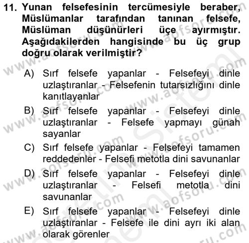 İslam Düşünce Tarihi Dersi 2018 - 2019 Yılı (Final) Dönem Sonu Sınav Soruları 11. Soru