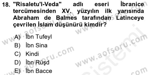 İslam Düşünce Tarihi Dersi 2018 - 2019 Yılı (Final) Dönem Sonu Sınav Soruları 18. Soru