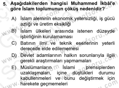 İslam Düşünce Tarihi Dersi 2018 - 2019 Yılı (Final) Dönem Sonu Sınav Soruları 5. Soru