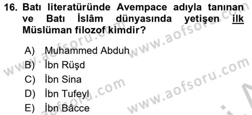 İslam Düşünce Tarihi Dersi 2018 - 2019 Yılı Yaz Okulu Sınav Soruları 16. Soru