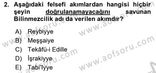 İslam Düşünce Tarihi Dersi 2018 - 2019 Yılı Yaz Okulu Sınav Soruları 2. Soru