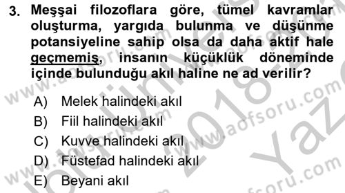İslam Düşünce Tarihi Dersi 2018 - 2019 Yılı Yaz Okulu Sınav Soruları 3. Soru