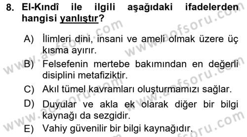 İslam Düşünce Tarihi Dersi 2018 - 2019 Yılı Yaz Okulu Sınav Soruları 8. Soru
